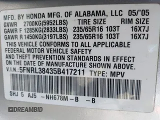 2005 Honda Odyssey EX with VIN 5FNRL38435B417211, listed as a IAAI auction lot 41943118 with 231,081 mi miles. Bid and sale history available at carsss.com. Image 9.