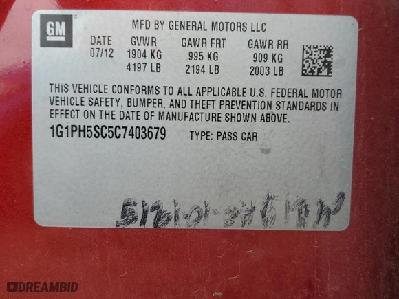 2012 Chevrolet Cruze LTZ with VIN 1G1PH5SC5C7403679, listed as a Copart auction lot 80285414 with 211,066 mi miles and Salvage Title. Bid and sale history available at carsss.com. Image 12.