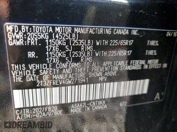 2016 Toyota RAV4 LE with VIN 2T3ZFREV4GW271941, listed as a Copart auction lot 51038225 with Not Provided miles and Salvage Title. Bid and sale history available at DreamBid. Image 16.