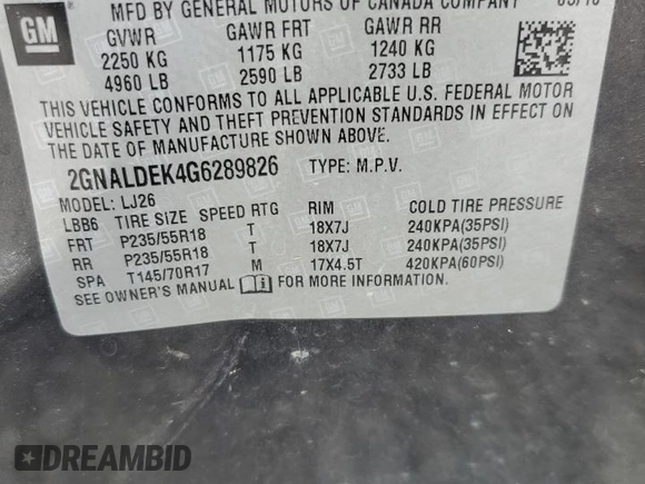 2016 Chevrolet Equinox LTZ z VIN 2GNALDEK4G6289826, wystawiony jako Copart lot #56425745 z przebiegiem 126 695 mil mil oraz Szkoda całkowita • Salvage title. Historia ofert i sprzedaży dostępna na DreamBid. Obrazek 13.