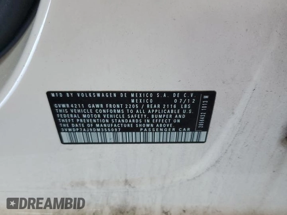 2013 Volkswagen Jetta SE with VIN 3VWDP7AJ9DM355097, listed as a Copart auction lot 62065445 with 196,943 mi miles and Salvage title. Bid and sale history available at DreamBid. Image 13.