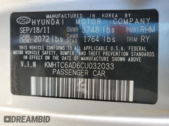 2012 Hyundai Veloster w/Black Int with VIN KMHTC6AD6CU032033, listed as a Copart auction lot 52614775 with 173,476 mi miles and Salvage title. Bid and sale history available at DreamBid. Image 13.