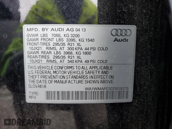 2013 Audi Q7 Prestige with VIN WA1WMAFE3DD015379, listed as a Copart auction lot 77213144 with 111,033 mi miles and Salvage title. Bid and sale history available at DreamBid. Image 13.