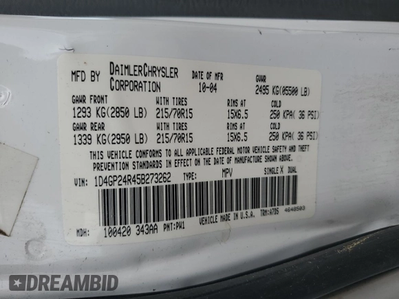 2005 Dodge Caravan SE with VIN 1D4GP24R45B273262, listed as a Copart auction lot 59026005 with 215,054 mi miles and Salvage title. Bid and sale history available at DreamBid. Image 13.