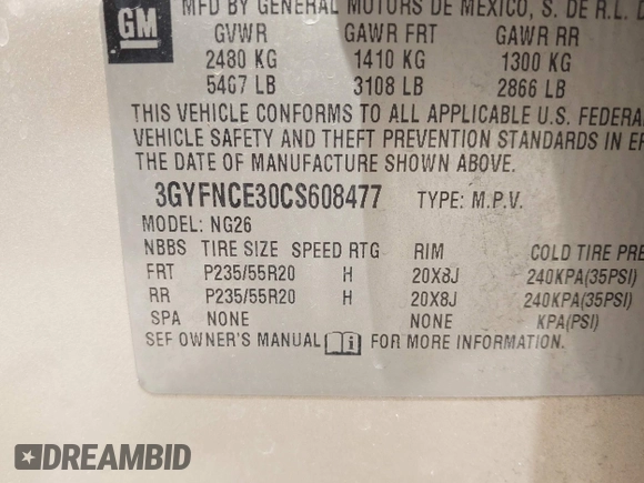 2012 Cadillac SRX Premium Collection with VIN 3GYFNCE30CS608477, listed as a IAAI auction lot 42120676 with 183,619 mi miles and . Bid and sale history available at DreamBid. Image 9.