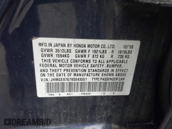 2009 Honda Fit Sport z VIN JHMGE87679S043551, wystawiony jako IAAI lot #42353546 z przebiegiem 156 143 mil mil oraz . Historia ofert i sprzedaży dostępna na DreamBid. Obrazek 9.