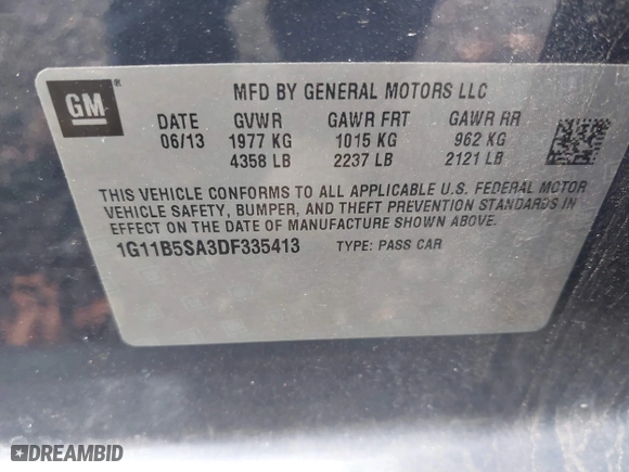 2013 Chevrolet Malibu LS with VIN 1G11B5SA3DF335413, listed as a IAAI auction lot 40515256 with 101,003 mi miles. Bid and sale history available at carsss.com. Image 9.