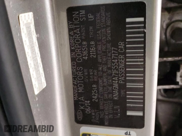 2015 Kia Optima LX with VIN KNAGM4A71F5547177, listed as a Copart auction lot 86856774 with Not Provided miles and Salvage Title. Bid and sale history available at DreamBid. Image 12.