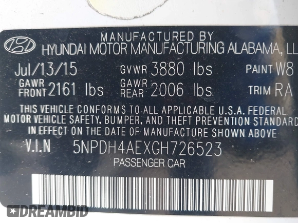 2016 Hyundai Elantra SE with VIN 5NPDH4AEXGH726523, listed as a IAAI auction lot 42648121 with 109,382 mi miles and . Bid and sale history available at DreamBid. Image 9.