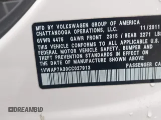 2012 Volkswagen Passat S w/Appearance with VIN 1VWAP7A30CC027913, listed as a IAAI auction lot 41580382 with 199,462 mi miles. Bid and sale history available at carsss.com. Image 9.
