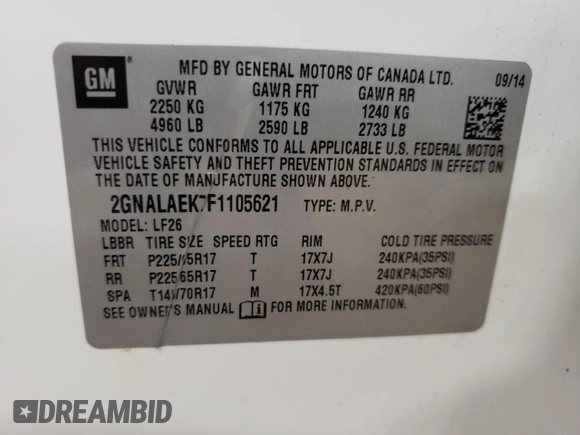 2015 Chevrolet Equinox LS with VIN 2GNALAEK7F1105621, listed as a Copart auction lot 55097565 with 123,416 mi miles and Clean Title. Bid and sale history available at carsss.com. Image 13.