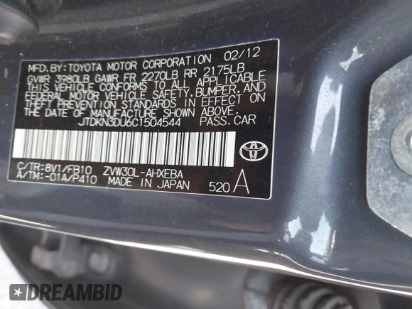 2012 Toyota Prius One z VIN JTDKN3DU6C1504544, wystawiony jako IAAI lot #42128634 z przebiegiem 298 344 mil mil oraz . Historia ofert i sprzedaży dostępna na DreamBid. Obrazek 9.