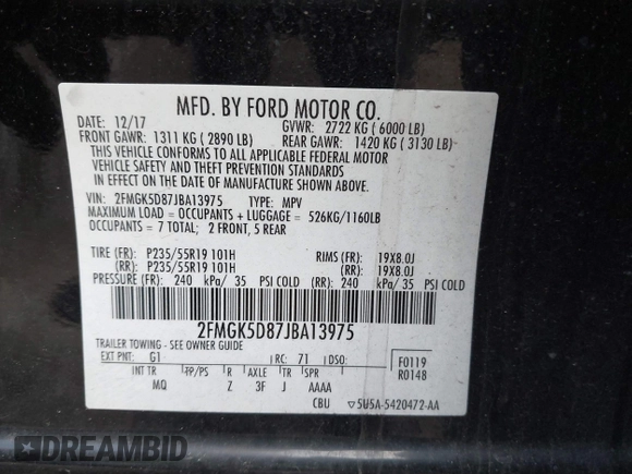 2018 Ford Flex Limited with VIN 2FMGK5D87JBA13975, listed as a IAAI auction lot 42027978 with 108,350 mi miles. Bid and sale history available at carsss.com. Image 9.