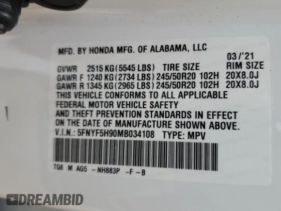 2021 Honda Pilot Touring 8-Passenger with VIN 5FNYF5H90MB034108, listed as a Copart auction lot 44009995 with 40,277 mi miles and Salvage Title. Bid and sale history available at DreamBid. Image 14.