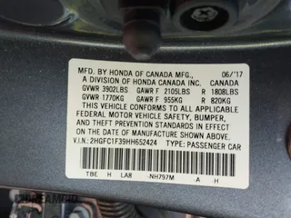 2017 Honda Civic Sedan EX-T with VIN 2HGFC1F39HH652424, listed as a IAAI auction lot 41750943 with 44,174 mi miles. Bid and sale history available at carsss.com. Image 9.
