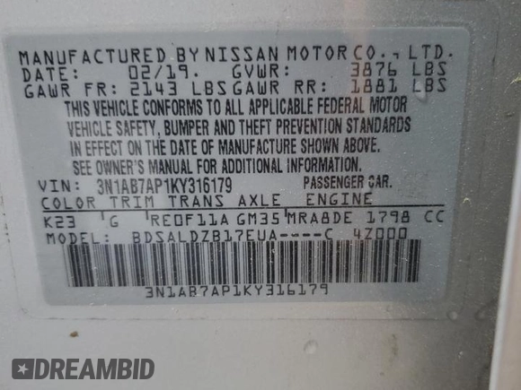 2019 Nissan Sentra SV with VIN 3N1AB7AP1KY316179, listed as a Copart auction lot 53385605 with 108,907 mi miles and Clean Title. Bid and sale history available at DreamBid. Image 12.