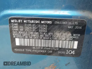 2017 Mitsubishi Mirage G4 ES with VIN ML32F3FJ5HHF07228, listed as a IAAI auction lot 42100048 with 149,303 mi miles. Bid and sale history available at carsss.com. Image 9.