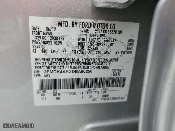2013 Ford Edge Sport with VIN 2FMDK4AKXDBA60256, listed as a Copart auction lot 89139545 with 110,048 mi miles and Salvage Title. Bid and sale history available at carsss.com. Image 12.