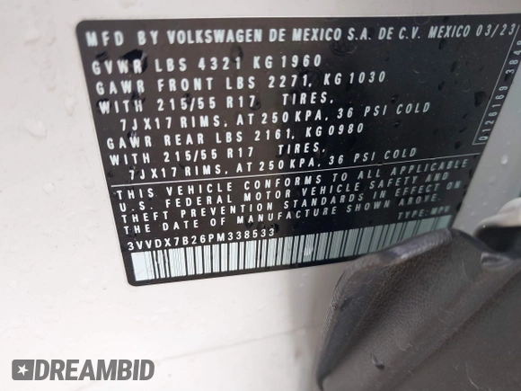 2023 Volkswagen Taos S с VIN 3VVDX7B26PM338533, выставлен на аукционе IAAI как лот 41850012 с пробегом 27 259 миль миль и . История ставок и продаж доступна на DreamBid. Изображение 9.