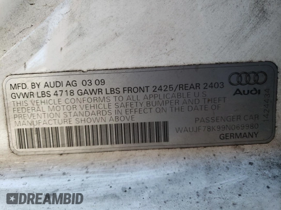 2009 Audi A4 2.0T Prem with VIN WAUJF78K99N069980, listed as a Copart auction lot 83775314 with 158,599 mi miles and Salvage Title. Bid and sale history available at carsss.com. Image 12.
