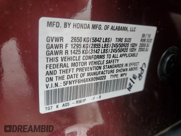 2019 Honda Pilot Touring 7-Passenger with VIN 5FNYF6H6XKB094020, listed as a Copart auction lot 61460255 with 135,149 mi miles and Salvage title. Bid and sale history available at DreamBid. Image 13.