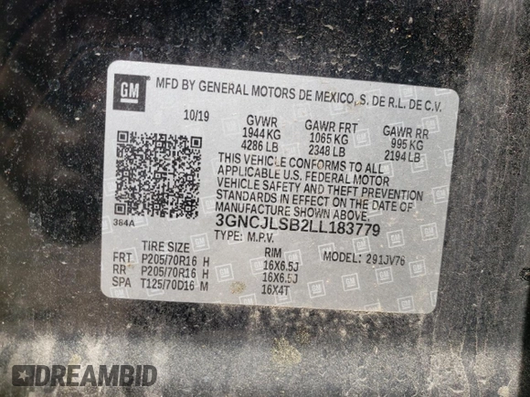 2020 Chevrolet Trax LT z VIN 3GNCJLSB2LL183779, wystawiony jako Copart lot #54370545 z przebiegiem 104 241 mil mil oraz Szkoda całkowita • Salvage title. Historia ofert i sprzedaży dostępna na DreamBid. Obrazek 13.