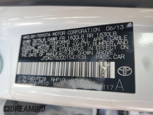 2013 Toyota Prius One with VIN JTDKDTB32D1547938, listed as a Copart auction lot 56397535 with 273,266 mi miles and Clean Title. Bid and sale history available at DreamBid. Image 12.