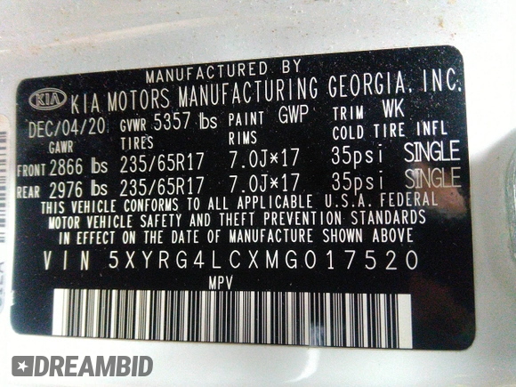 2021 Kia Sorento LX with VIN 5XYRG4LCXMG017520, listed as a IAAI auction lot 39440093 with 111,311 mi miles. Bid and sale history available at carsss.com. Image 9.
