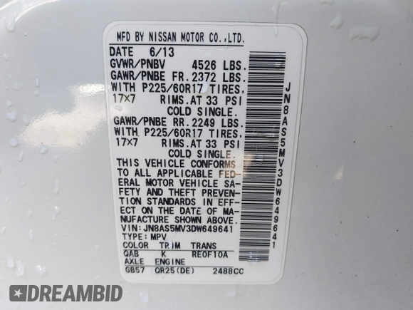 2013 Nissan Rogue S with VIN JN8AS5MV3DW649641, listed as a IAAI auction lot 41695728 with 147,403 mi miles and . Bid and sale history available at DreamBid. Image 9.