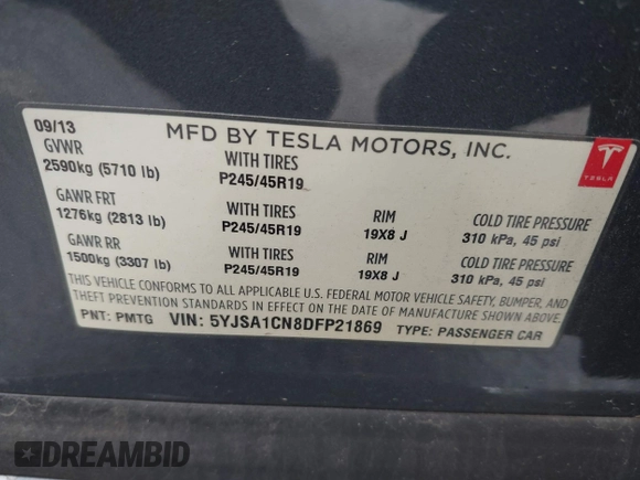 2013 Tesla Model S with VIN 5YJSA1CN8DFP21869, listed as a IAAI auction lot 41772603 with Not provided miles and . Bid and sale history available at DreamBid. Image 9.