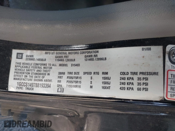 2008 Chevrolet Colorado LS with VIN 1GCCS149788193394, listed as a IAAI auction lot 41473934 with 167,481 mi miles and . Bid and sale history available at DreamBid. Image 9.