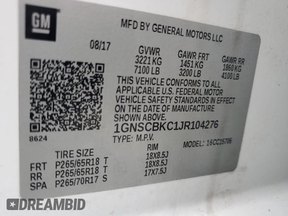 2018 Chevrolet Tahoe LT с VIN 1GNSCBKC1JR104276, выставлен на аукционе Copart как лот 59323385 с пробегом 188 456 миль миль и Чистый • Clean title. История ставок и продаж доступна на DreamBid. Изображение 13.