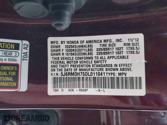 2013 Honda CR-V EX-L with VIN 5J6RM3H75DL011041, listed as a IAAI auction lot 40466669 with 87,594 mi miles and . Bid and sale history available at DreamBid. Image 9.