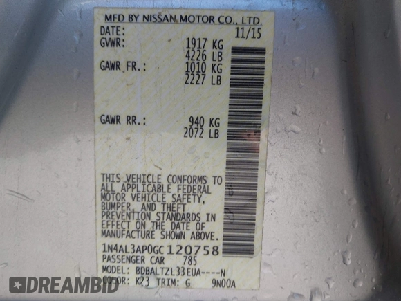 2016 Nissan Altima S with VIN 1N4AL3AP0GC120758, listed as a IAAI auction lot 41394469 with 137,936 mi miles and . Bid and sale history available at DreamBid. Image 9.