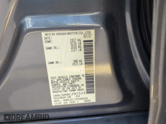 2017 Nissan Altima S with VIN 1N4AL3AP0HC297523, listed as a IAAI auction lot 42525818 with 162,767 mi miles and . Bid and sale history available at DreamBid. Image 9.