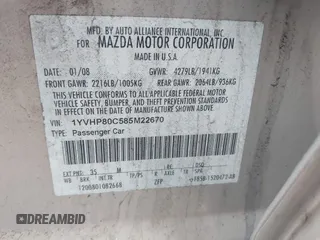 2008 Mazda 6 i Sport VE with VIN 1YVHP80C585M22670, listed as a IAAI auction lot 42178912 with 167,079 mi miles. Bid and sale history available at carsss.com. Image 9.