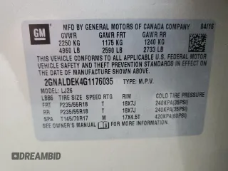 2016 Chevrolet Equinox LTZ z VIN 2GNALDEK4G1176035, wystawiony jako Copart lot #55829305 z przebiegiem 81 733 mil mil oraz Szkoda całkowita • Salvage title. Historia ofert i sprzedaży dostępna na DreamBid. Obrazek 14.
