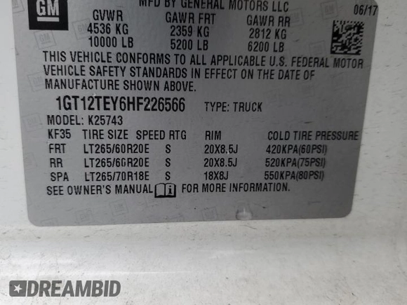 2017 GMC Sierra 2500HD SLT with VIN 1GT12TEY6HF226566, listed as a Copart auction lot 85250664 with 167,471 mi miles and Salvage Title. Bid and sale history available at carsss.com. Image 12.
