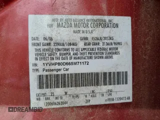 2006 Mazda 6 Grand Touring s with VIN 1YVHP80D665M71172, listed as a Copart auction lot 54626835 with 154,381 mi miles and Clean Title. Bid and sale history available at carsss.com. Image 12.