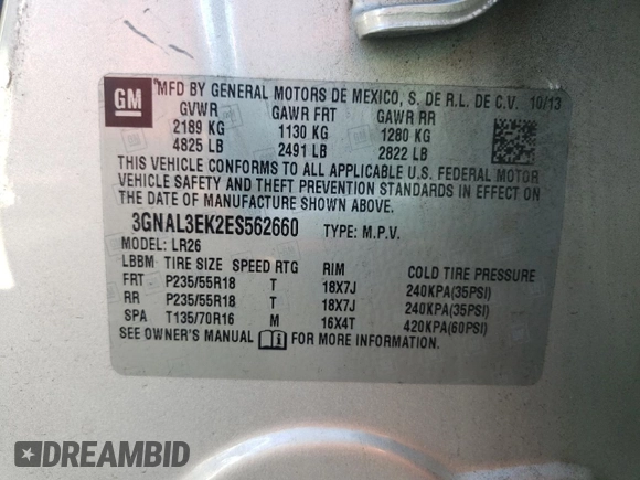 2014 Chevrolet Captiva Sport LT with VIN 3GNAL3EK2ES562660, listed as a Copart auction lot 77573334 with 135,519 mi miles and Clean Title. Bid and sale history available at DreamBid. Image 12.