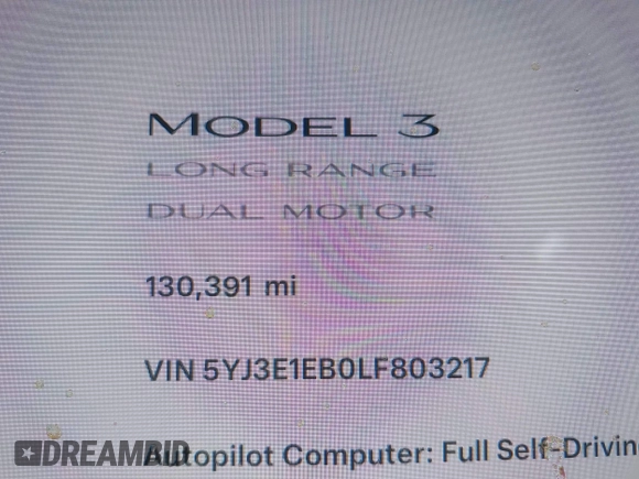 2020 Tesla Model 3 Long Range with VIN 5YJ3E1EB0LF803217, listed as a IAAI auction lot 41871940 with 130,391 mi miles. Bid and sale history available at carsss.com. Image 7.