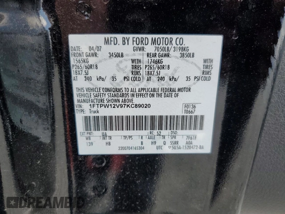 2007 Ford F-150 XLT with VIN 1FTPW12V97KC89020, listed as a Copart auction lot 51444215 with 210,294 mi miles and Salvage Title. Bid and sale history available at carsss.com. Image 13.