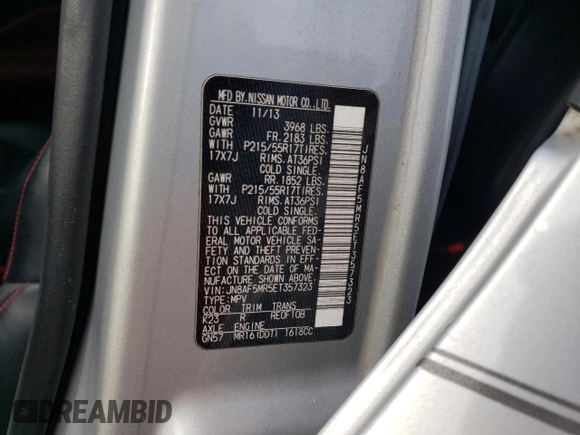 2014 Nissan Juke Nismo with VIN JN8AF5MR5ET357323, listed as a Copart auction lot 84212914 with Not Provided miles and Non Repairable. Bid and sale history available at DreamBid. Image 14.