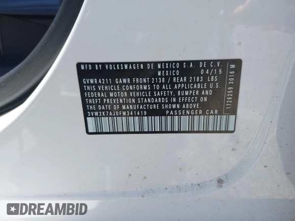 2015 Volkswagen Jetta S с VIN 3VW2K7AJ0FM341419, выставлен на аукционе IAAI как лот 42544580 с пробегом 92 278 миль миль и . История ставок и продаж доступна на DreamBid. Изображение 9.