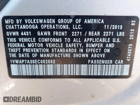2014 Volkswagen Passat S w/Nav with VIN 1VWAP7A35EC052552, listed as a IAAI auction lot 41377109 with 123,273 mi miles. Bid and sale history available at carsss.com. Image 9.