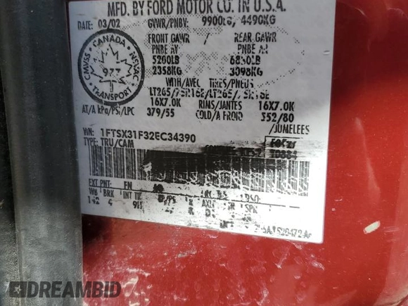2002 Ford F-350 XL with VIN 1FTSX31F32EC34390, listed as a Copart auction lot 72943644 with Not provided miles and Salvage title. Bid and sale history available at DreamBid. Image 12.