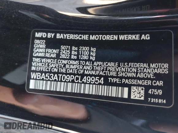 2023 BMW 4 Series M440i with VIN WBA53AT09PCL49954, listed as a IAAI auction lot 41478951 with 27,105 mi miles and . Bid and sale history available at DreamBid. Image 9.