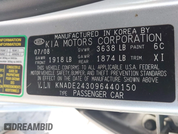2009 Kia Rio LX with VIN KNADE243096440150, listed as a IAAI auction lot 42152589 with 114,484 mi miles. Bid and sale history available at carsss.com. Image 9.