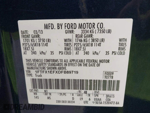 2013 Ford F-150 XL with VIN 1FTFX1EFXDFB89719, listed as a IAAI auction lot 42310707 with 142,977 mi miles and . Bid and sale history available at DreamBid. Image 9.