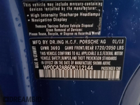 2013 Porsche Boxster с VIN WP0CA2A86DK112144, выставлен на аукционе Copart как лот 73866704 с пробегом Не указан миль и Списание • Salvage title. История ставок и продаж доступна на DreamBid. Изображение 13.